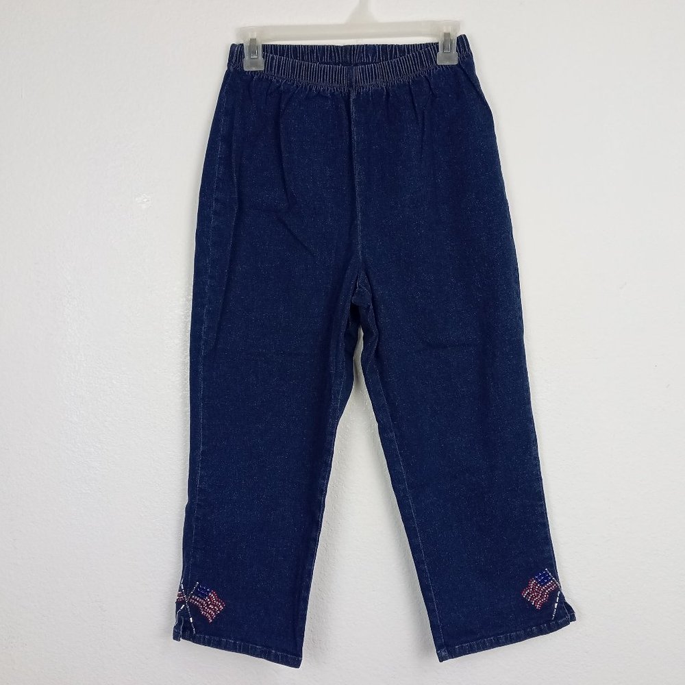 Denim 24/7 American Flag Denim Capris Women's Size 12W Stretch Waist Pull On.